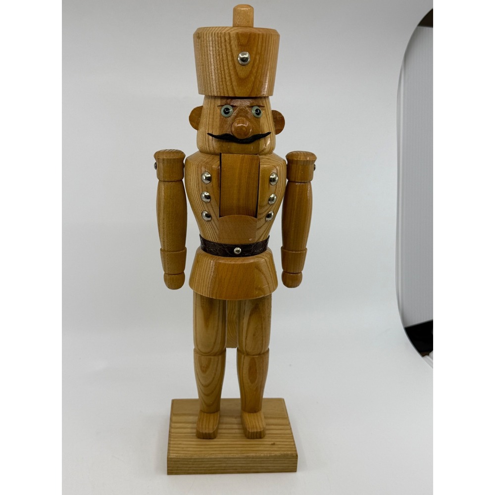 Vintage Natural Wood Nutcracker Soldier Christmas Decor Silver Studs 12 inch